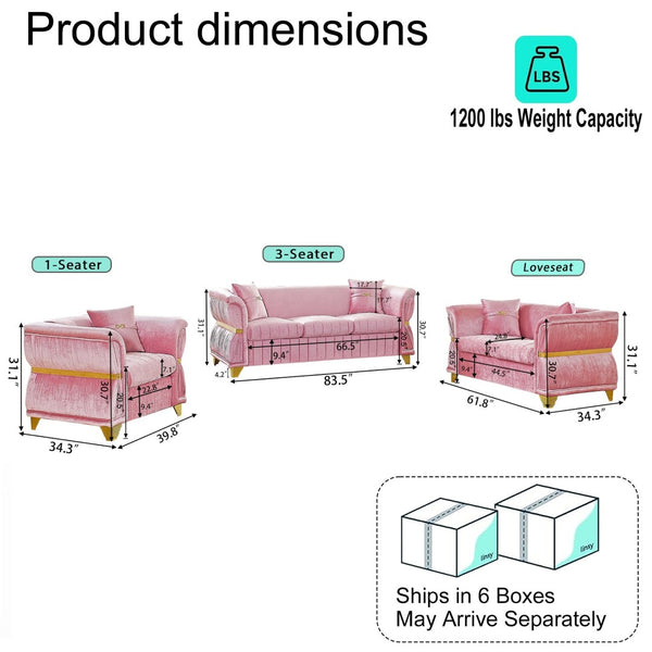 English Elm 3-piece Velvet Living Room Sofa Set with Gold Trim Curved Armrests Pleated Upholstery Pink W1191S00162
