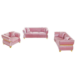 English Elm 3-piece Velvet Living Room Sofa Set with Gold Trim Curved Armrests Pleated Upholstery Pink W1191S00162