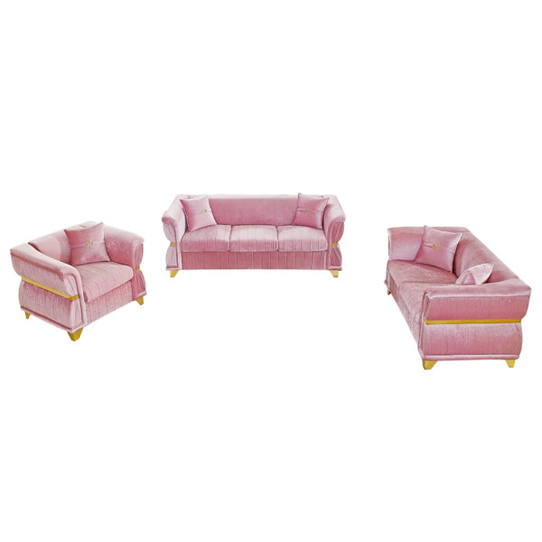 English Elm 3-piece Velvet Living Room Sofa Set with Gold Trim Curved Armrests Pleated Upholstery Pink W1191S00162