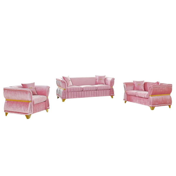 English Elm 3-piece Velvet Living Room Sofa Set with Gold Trim Curved Armrests Pleated Upholstery Pink W1191S00162