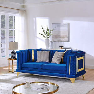 English Elm 89 Inch Italian Velvet Tufted Sofa with Gold Steel Trim Embroidered Living Room Couch W1191S00164