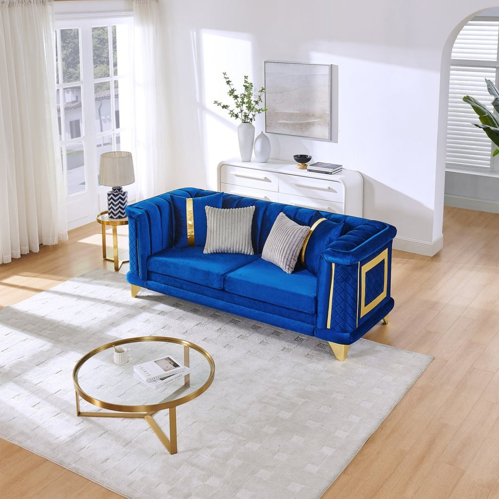 English Elm 89 Inch Italian Velvet Tufted Sofa with Gold Steel Trim Embroidered Living Room Couch W1191S00164