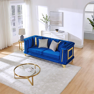 English Elm 89 Inch Italian Velvet Tufted Sofa with Gold Steel Trim Embroidered Living Room Couch W1191S00164