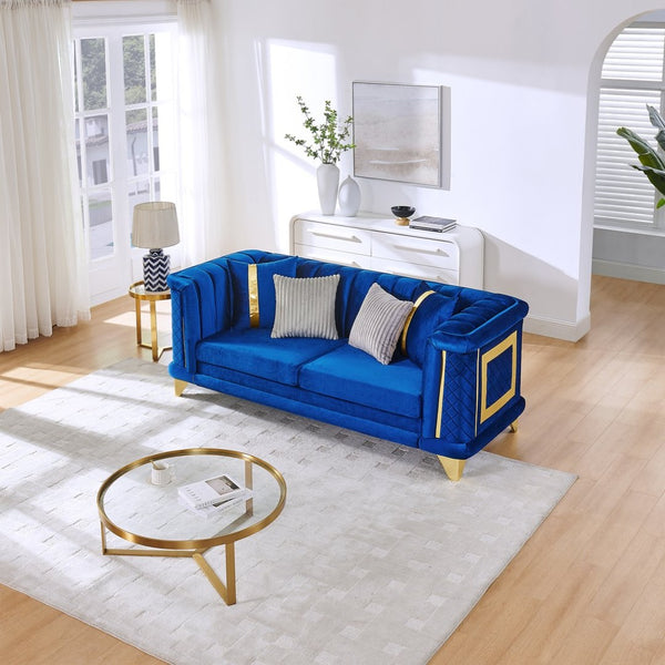 English Elm 89 Inch Italian Velvet Tufted Sofa with Gold Steel Trim Embroidered Living Room Couch W1191S00164