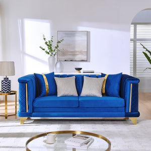 English Elm 89 Inch Italian Velvet Tufted Sofa with Gold Steel Trim Embroidered Living Room Couch W1191S00164