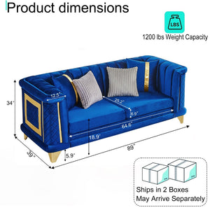 English Elm 89 Inch Italian Velvet Tufted Sofa with Gold Steel Trim Embroidered Living Room Couch W1191S00164