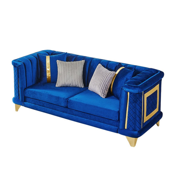 English Elm 89 Inch Italian Velvet Tufted Sofa with Gold Steel Trim Embroidered Living Room Couch W1191S00164