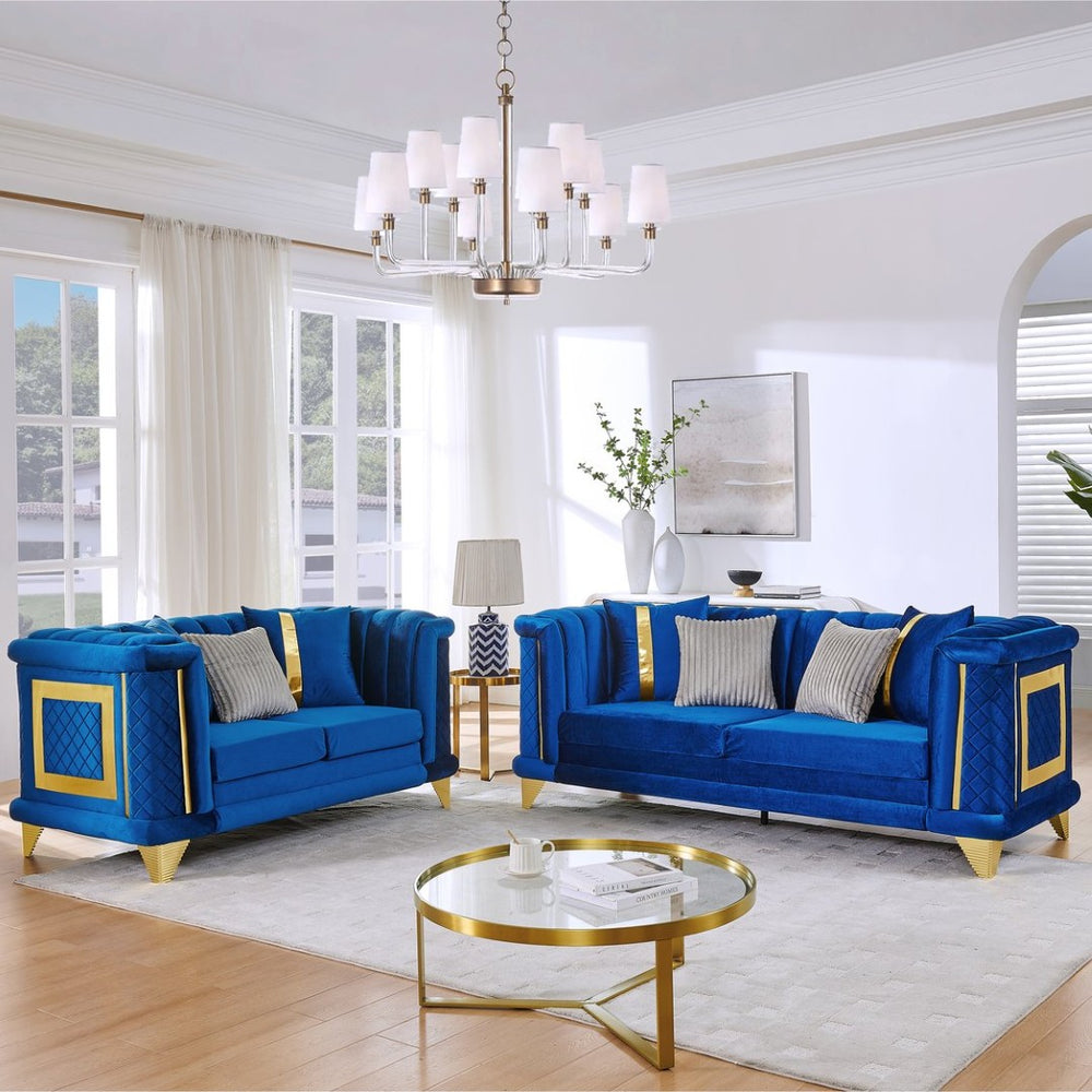 English Elm 2pcs Italian Velvet Tufted Sofa Set Victorian Mid-century Gold Trim Living Room W1191S00165