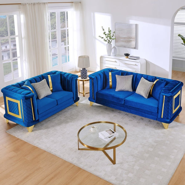 English Elm 2pcs Italian Velvet Tufted Sofa Set Victorian Mid-century Gold Trim Living Room W1191S00165