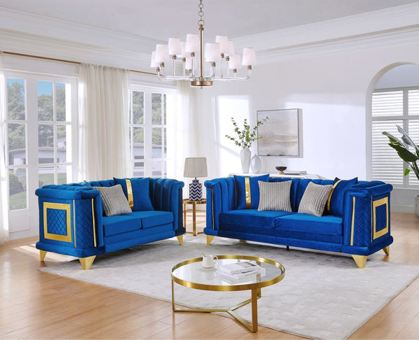 English Elm 2pcs Italian Velvet Tufted Sofa Set Victorian Mid-century Gold Trim Living Room W1191S00165