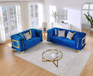 English Elm 2pcs Italian Velvet Tufted Sofa Set Victorian Mid-century Gold Trim Living Room W1191S00165
