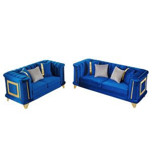 English Elm 2pcs Italian Velvet Tufted Sofa Set Victorian Mid-century Gold Trim Living Room W1191S00165