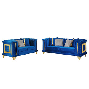 English Elm 2pcs Italian Velvet Tufted Sofa Set Victorian Mid-century Gold Trim Living Room W1191S00165