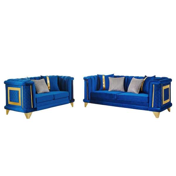 English Elm 2pcs Italian Velvet Tufted Sofa Set Victorian Mid-century Gold Trim Living Room W1191S00165
