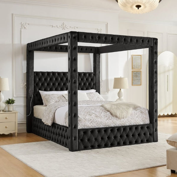 English Elm Canopy Queen Bed Tufted Velvet Four Poster Frame with Bluetooth and USB Charging Ports Black W1191S00166