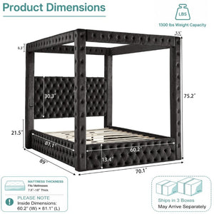 English Elm Canopy Queen Bed Tufted Velvet Four Poster Frame with Bluetooth and USB Charging Ports Black W1191S00166