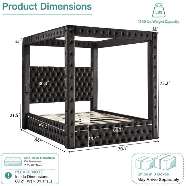 English Elm Canopy Queen Bed Tufted Velvet Four Poster Frame with Bluetooth and USB Charging Ports Black W1191S00166
