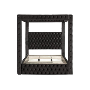 English Elm Canopy Queen Bed Tufted Velvet Four Poster Frame with Bluetooth and USB Charging Ports Black W1191S00166