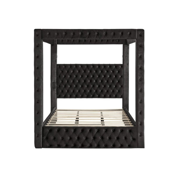 English Elm Canopy Queen Bed Tufted Velvet Four Poster Frame with Bluetooth and USB Charging Ports Black W1191S00166