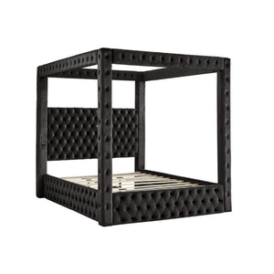 English Elm Canopy Queen Bed Tufted Velvet Four Poster Frame with Bluetooth and USB Charging Ports Black W1191S00166