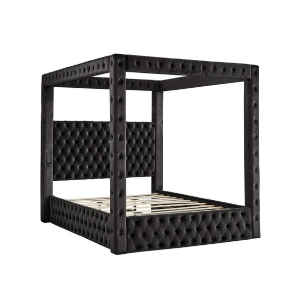 English Elm Canopy Queen Bed Tufted Velvet Four Poster Frame with Bluetooth and USB Charging Ports Black W1191S00166