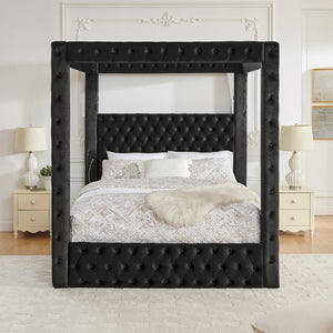 English Elm Canopy Queen Bed Tufted Velvet Four Poster Frame with Bluetooth and USB Charging Ports Black W1191S00166