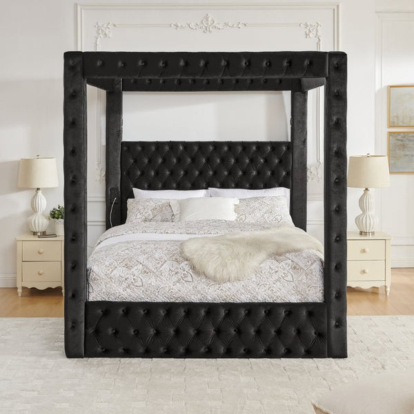 English Elm Canopy Queen Bed Tufted Velvet Four Poster Frame with Bluetooth and USB Charging Ports Black W1191S00166