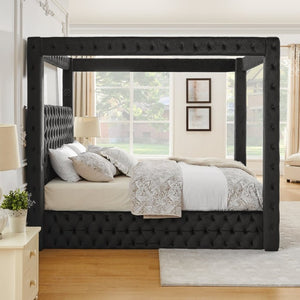 English Elm Canopy Queen Bed Tufted Velvet Four Poster Frame with Bluetooth and USB Charging Ports Black W1191S00166