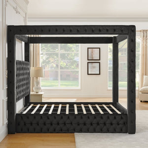 English Elm Canopy Queen Bed Tufted Velvet Four Poster Frame with Bluetooth and USB Charging Ports Black W1191S00166