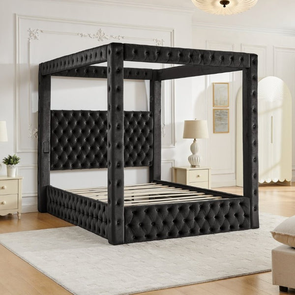 English Elm Canopy Queen Bed Tufted Velvet Four Poster Frame with Bluetooth and USB Charging Ports Black W1191S00166