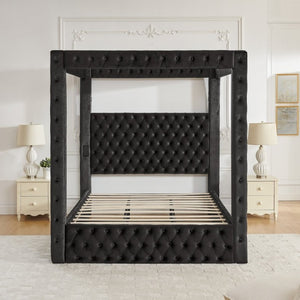 English Elm Canopy Queen Bed Tufted Velvet Four Poster Frame with Bluetooth and USB Charging Ports Black W1191S00166