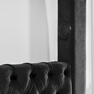 English Elm Canopy Queen Bed Tufted Velvet Four Poster Frame with Bluetooth and USB Charging Ports Black W1191S00166