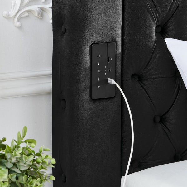 English Elm Canopy Queen Bed Tufted Velvet Four Poster Frame with Bluetooth and USB Charging Ports Black W1191S00166