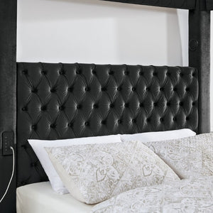 English Elm Canopy Queen Bed Tufted Velvet Four Poster Frame with Bluetooth and USB Charging Ports Black W1191S00166
