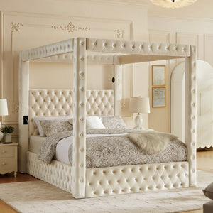 English Elm Canopy Queen Bed Tufted Velvet Four Poster Frame with Bluetooth and USB Charging Ports Beige W1191S00167