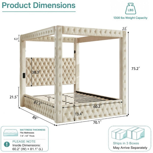 English Elm Canopy Queen Bed Tufted Velvet Four Poster Frame with Bluetooth and USB Charging Ports Beige W1191S00167