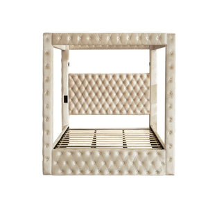 English Elm Canopy Queen Bed Tufted Velvet Four Poster Frame with Bluetooth and USB Charging Ports Beige W1191S00167