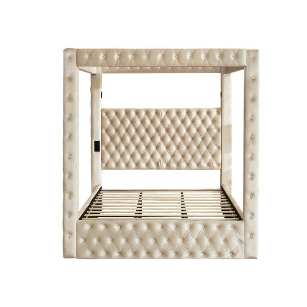 English Elm Canopy Queen Bed Tufted Velvet Four Poster Frame with Bluetooth and USB Charging Ports Beige W1191S00167