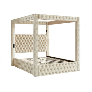 English Elm Canopy Queen Bed Tufted Velvet Four Poster Frame with Bluetooth and USB Charging Ports Beige W1191S00167