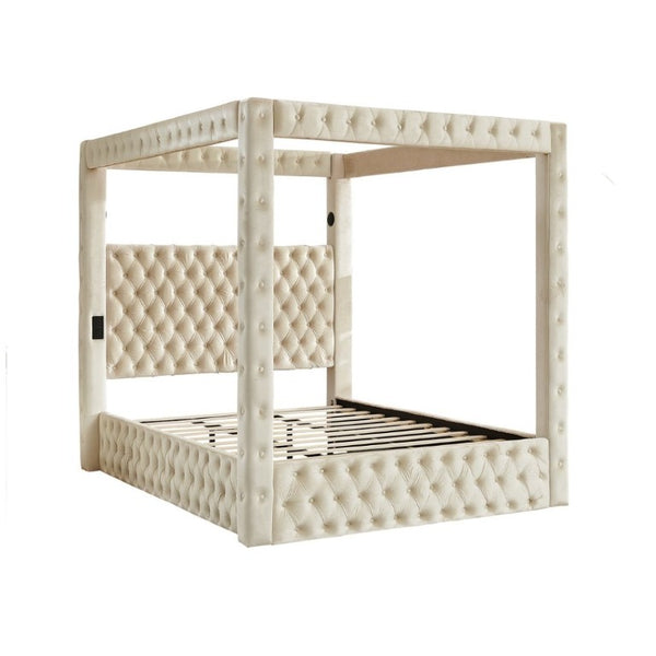 English Elm Canopy Queen Bed Tufted Velvet Four Poster Frame with Bluetooth and USB Charging Ports Beige W1191S00167