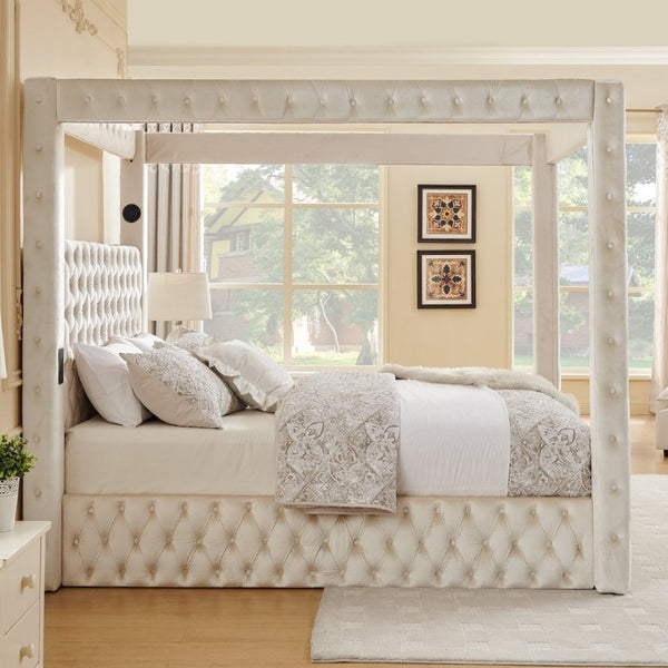 English Elm Canopy Queen Bed Tufted Velvet Four Poster Frame with Bluetooth and USB Charging Ports Beige W1191S00167