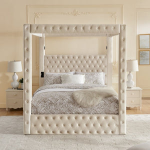 English Elm Canopy Queen Bed Tufted Velvet Four Poster Frame with Bluetooth and USB Charging Ports Beige W1191S00167
