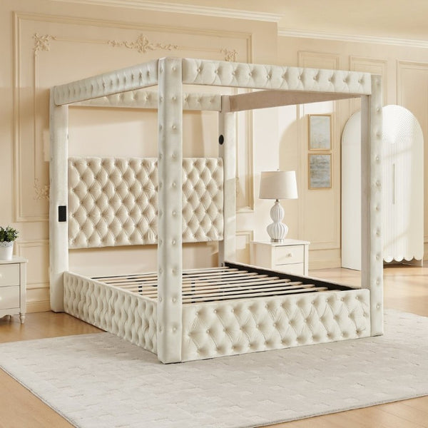 English Elm Canopy Queen Bed Tufted Velvet Four Poster Frame with Bluetooth and USB Charging Ports Beige W1191S00167