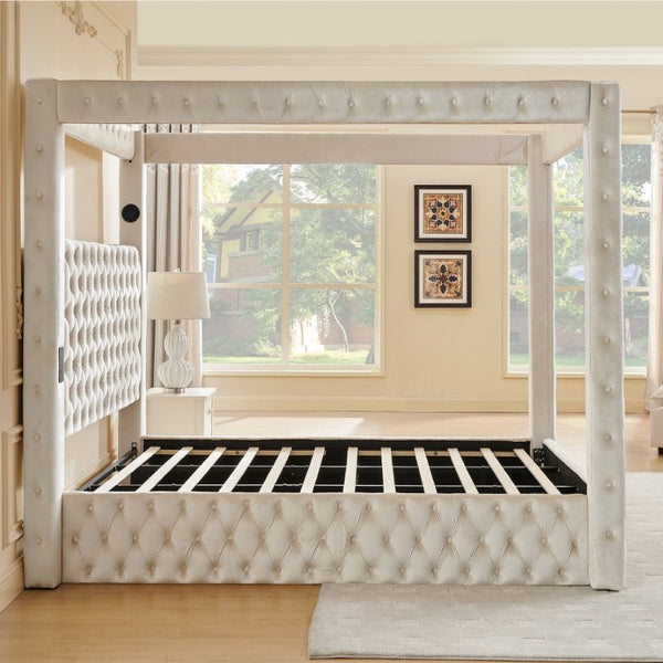 English Elm Canopy Queen Bed Tufted Velvet Four Poster Frame with Bluetooth and USB Charging Ports Beige W1191S00167