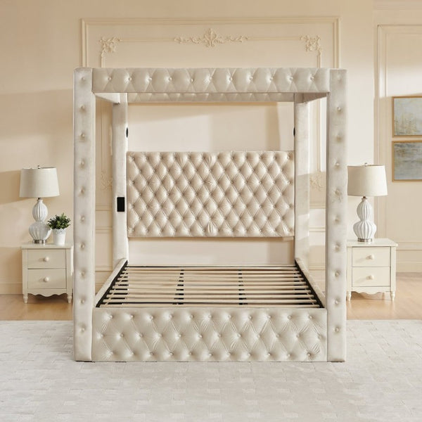 English Elm Canopy Queen Bed Tufted Velvet Four Poster Frame with Bluetooth and USB Charging Ports Beige W1191S00167