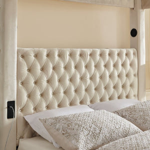 English Elm Canopy Queen Bed Tufted Velvet Four Poster Frame with Bluetooth and USB Charging Ports Beige W1191S00167