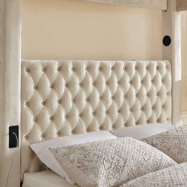 English Elm Canopy Queen Bed Tufted Velvet Four Poster Frame with Bluetooth and USB Charging Ports Beige W1191S00167