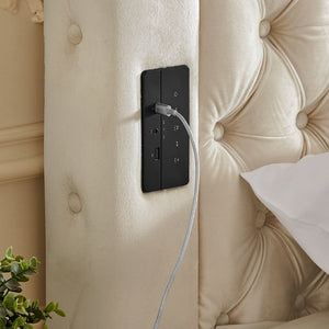 English Elm Canopy Queen Bed Tufted Velvet Four Poster Frame with Bluetooth and USB Charging Ports Beige W1191S00167