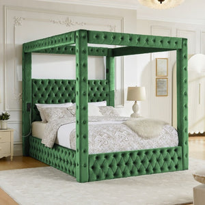 English Elm Canopy Queen Bed Tufted Velvet Four Poster Frame with Bluetooth and USB Charging Ports Green W1191S00168