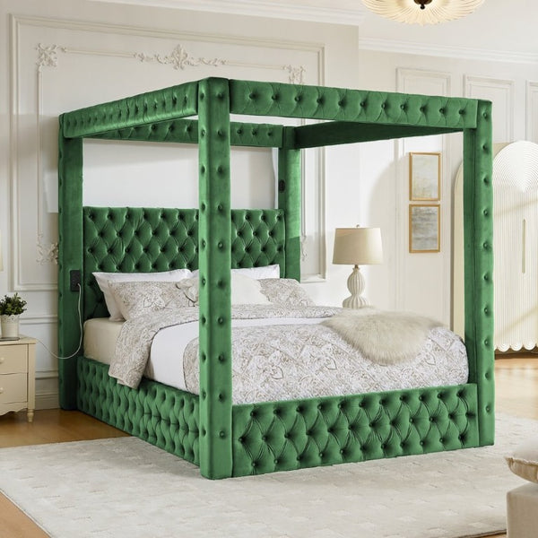 English Elm Canopy Queen Bed Tufted Velvet Four Poster Frame with Bluetooth and USB Charging Ports Green W1191S00168